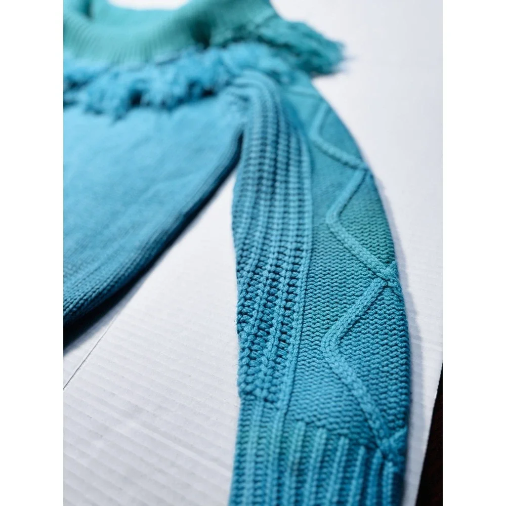 Rock &‎ Roll Cowgirl Women's XL Fringe Cowl Neck Chunky Knit Sweater Turquoise